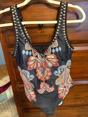 Black Paisley, Tribal Print Women’s Tank Top one piece bathing suit